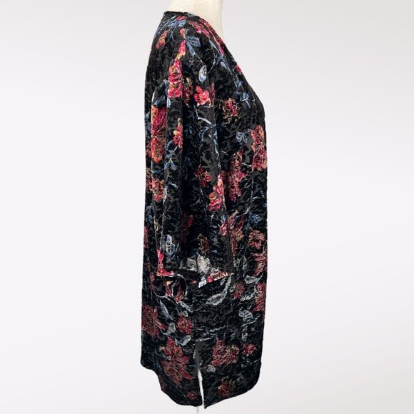 Monteau Black Pink Blue Crushed Velvet Floral Burnout Kimono Jacket Small - Picture 6 of 10